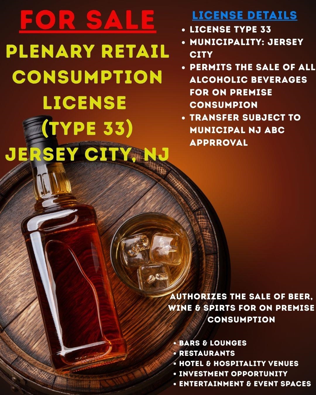 Class 33 Liquor License Jersey City NJ 07302