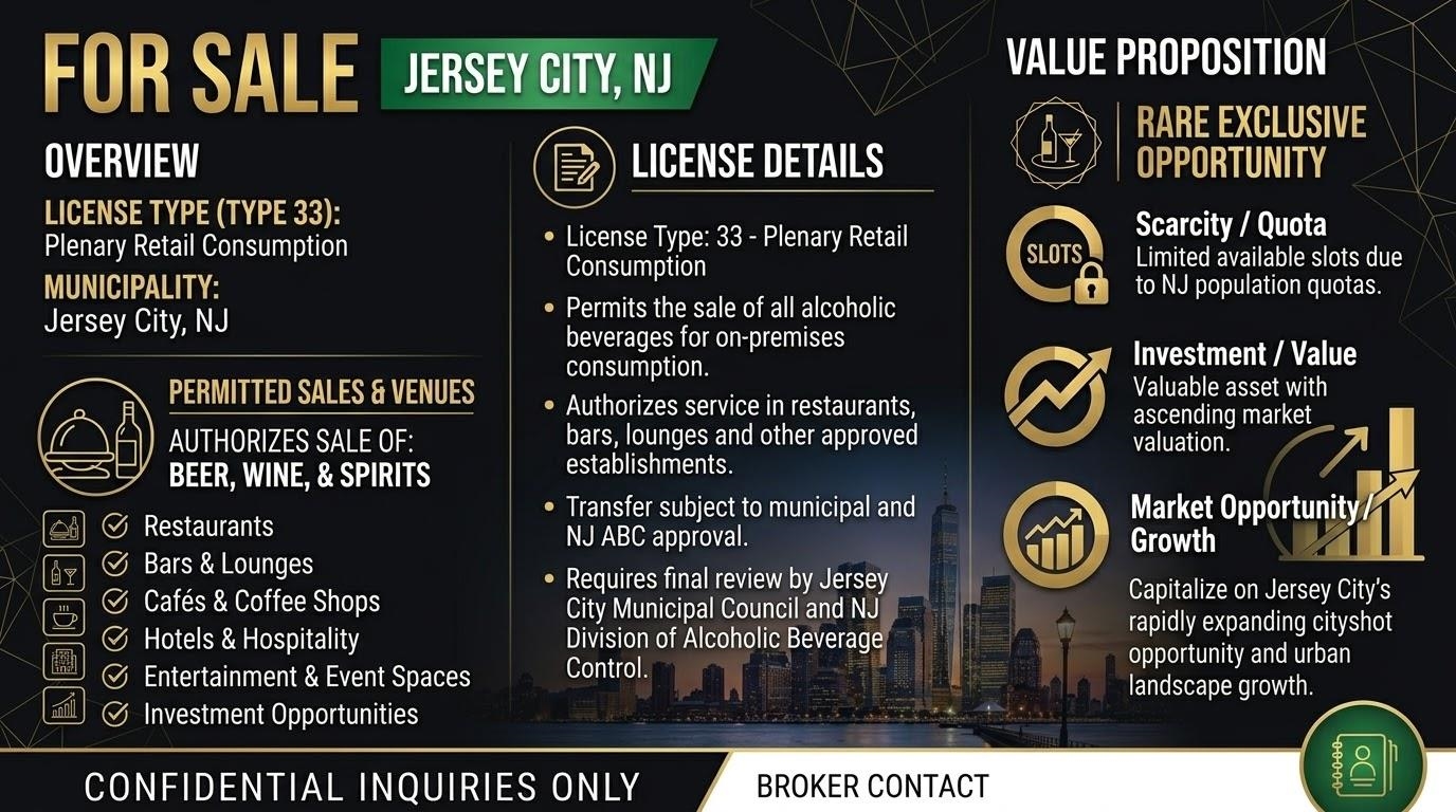 Class 33 Liquor License Jersey City NJ 07302