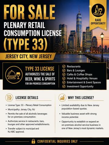 Class 33 Liquor License Jersey City NJ 07302
